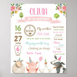 Poster Animais da Fazenda Aniversário de Um Ano Menina Ma