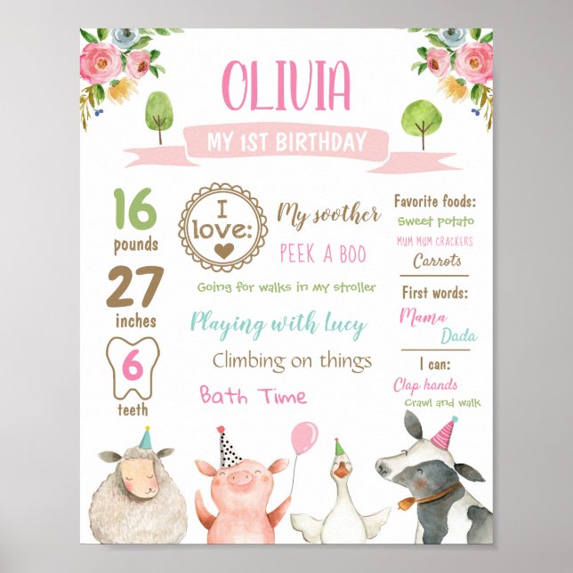 Poster Animais da Fazenda Aniversário de Um Ano Menina Ma (Frente)