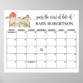 Poster Animais da Fazenda Chá de Bebê Adivinhe o Calendár