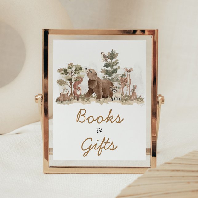 Poster Animais da Floresta Apontam Livros e Presentes (Adventure Awaits Woodland Animals Baby Shower Books and Gifts Sign)