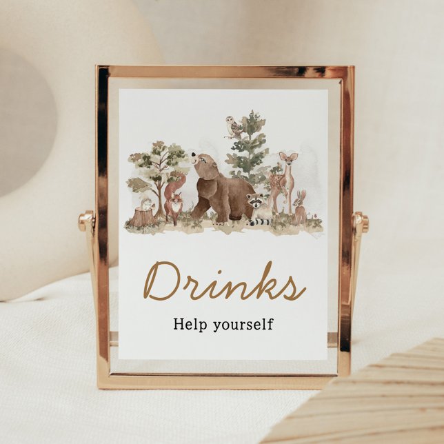 Poster Animais Da Floresta Aproximam Bebidas (Adventure Awaits Woodland Animals Baby Shower Drinks Sign)