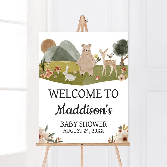 Poster Animais da Floresta Boho Chá de fraldas Bem-vindo (Gender Neutral Boho Baby Shower Welcome Sign)