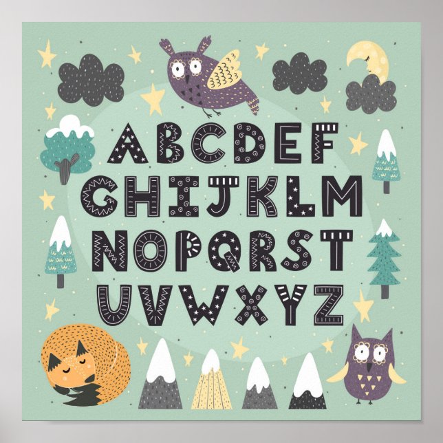 Poster Animais da Floresta Caprichosos ABC Alfabeto (Frente)