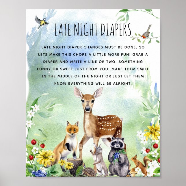 Poster Animais da Floresta Chá de Bebê 'Fraldas Noturnas' (Frente)