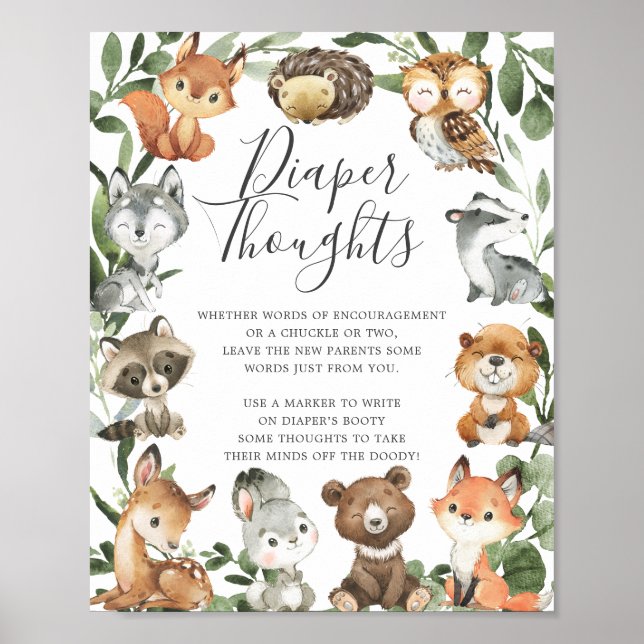 Poster Animais da Floresta Chá de fraldas Sinais de Pensa (Frente)