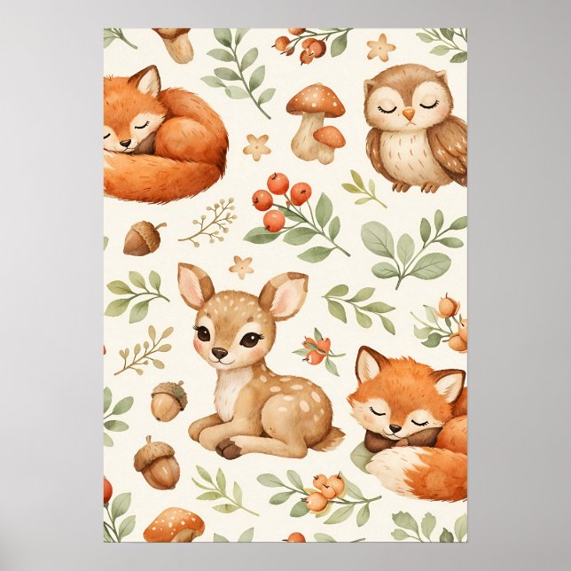 Poster Animais da Floresta e Padrão de Frutas Vermelhas F (Frente)