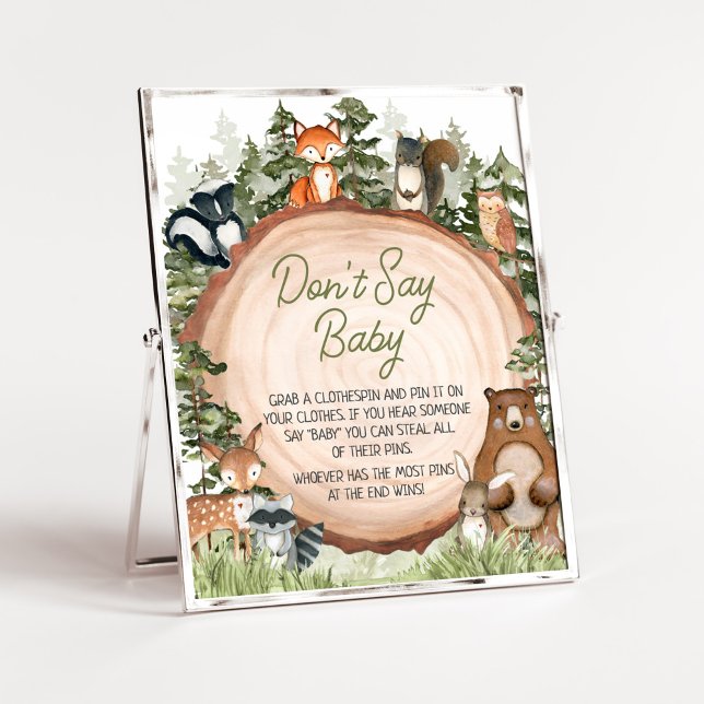 Poster Animais da Floresta Fatia de Madeira Não Diga Bebê (Boy Woodland Animals Baby Shower Don't Say Baby Sign)
