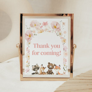 Poster Animais da Floresta Floral Rosa Obrigado por virem
