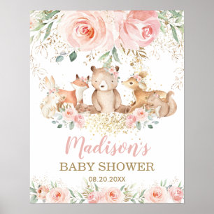Poster Animais da Floresta Rosa Chá de fraldas Flórida