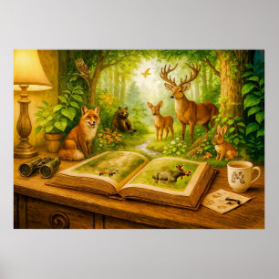 Poster Animais da floresta surgindo de um livro aberto