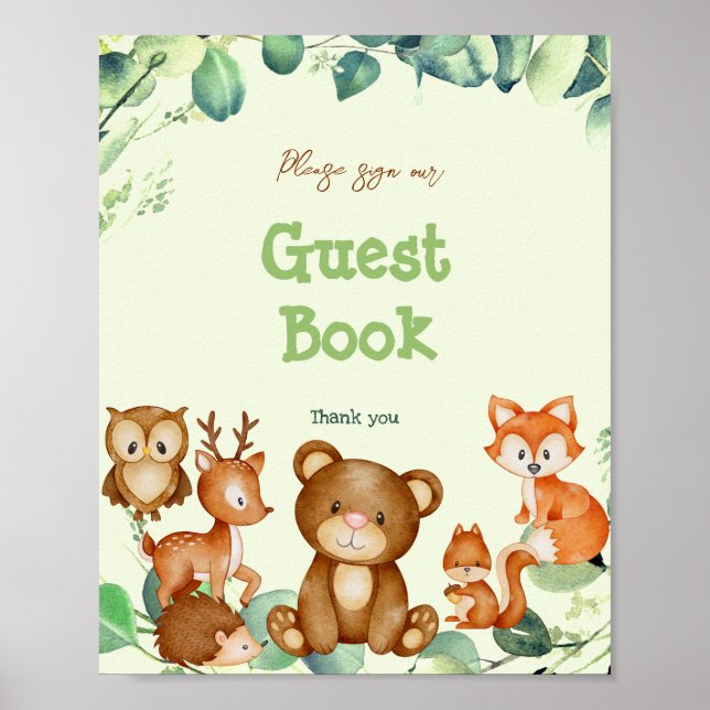 Poster Animais da Floresta Verde Eucalipto Livro de Visit (Frente)