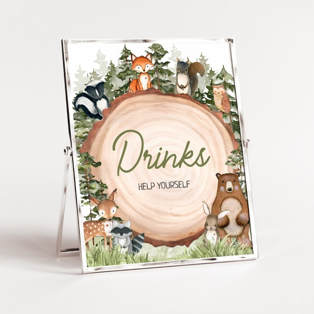 Poster Animais Da Madeira Bebidas Com Fatia De Madeira (Boy Woodland Animals Baby Shower Drinks Sign)