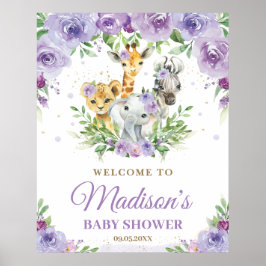 Poster Animais da Selva Safari Purple Floral Bebê Bem-Vin
