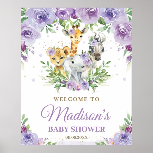 Poster Animais da Selva Safari Purple Floral Bebê Bem-Vin (Frente)