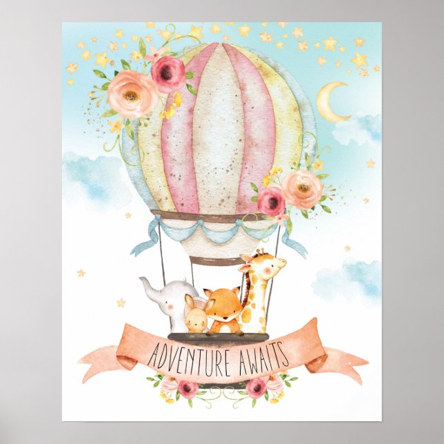 Poster Animais de Balão de Ar Floral Aventura Espera (Frente)