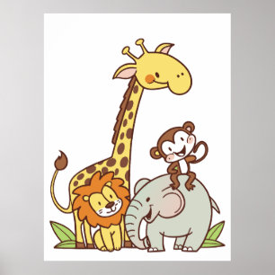 Poster Animais de Desenho Animado Fofo – Girafa, Leão & M