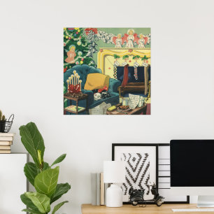 Pôster Animais de estimação do natal vintage na sala de