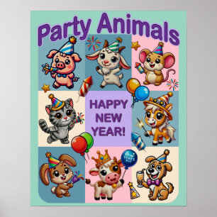 Poster Animais de Festa "Feliz Ano Novo"