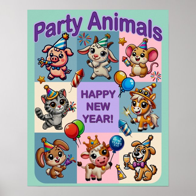 Poster Animais de festa "Feliz ano novo" (Frente)