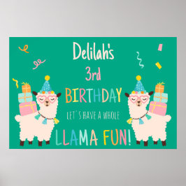 Poster Animais de Festa Llama Aniversário Meninas Verde