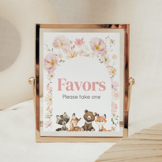Poster Animais De Floresta Floral, Rosa, Favor Do Chá de  (Pink Flower Woodland Animals Baby Shower Favors Sign)