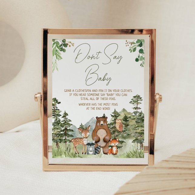 Poster Animais de Floresta Verde Não Digam Bebê (Greenery Forest Animals Baby Shower Don't Say Baby Sign)