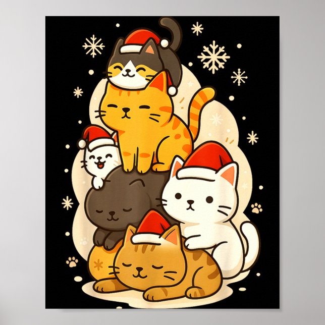 Poster Animais de Natal Fofos Gatos Kawaii Neko Presente  (Frente)