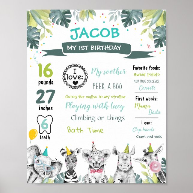 Poster Animais de Partida Safari Primeiro Aniversário Mil (Frente)