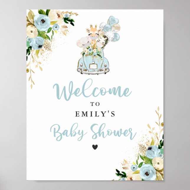 Poster Animais De Safari Floral Azul Conduzidos Por Chá d (Frente)