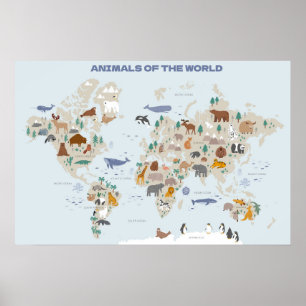 Poster Animais do Mapa Mundial para a Sala de Nursery ou 