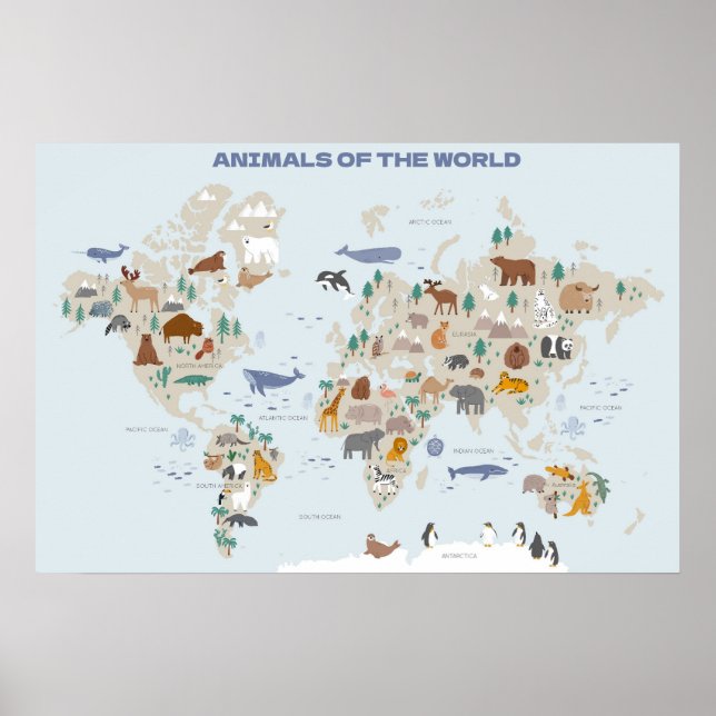 Poster Animais do Mapa Mundial para a Sala de Nursery ou  (Frente)