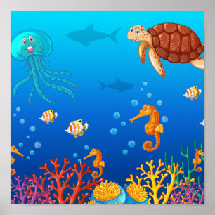 Poster Animais do mar nadando sob o oceano