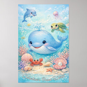 Poster Animais do Oceano Pastel Menino Baleia Azul Golfin