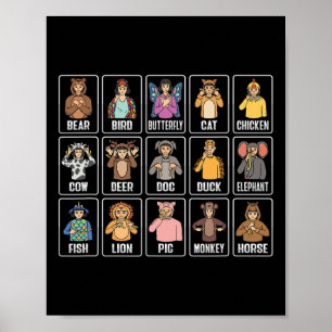 Poster Animais Gestos com as Mãos em ASL Animais Surdos P