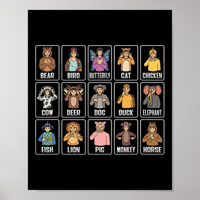 Poster Animais Gestos com as Mãos em ASL Animais Surdos P (Frente)