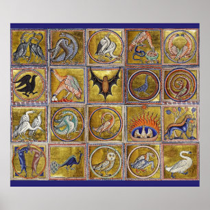 POSTER ANIMAIS MÉDIOS BESTIÁRIOS, FANTÁSTICOS, AZUL VE