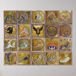 POSTER ANIMAIS MÉDIOS BESTIÁRIOS, FANTÁSTICOS, AZUL VE