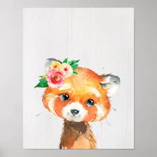 Poster Animais Panda Vermelho Bebê Floral Aquarela