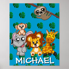 Poster Animais Safari Cujo Cartoon Selva Nome Azul
