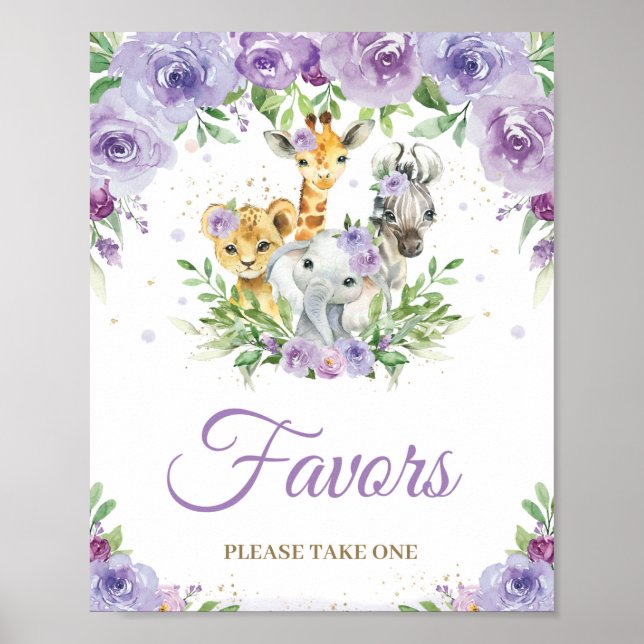Poster Animais Selvagens Chá de fraldas Floral Roxo Favor (Frente)