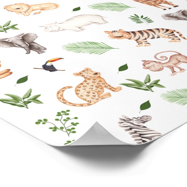 Poster Animais selvagens com padrão de árvore na selva (Borda)