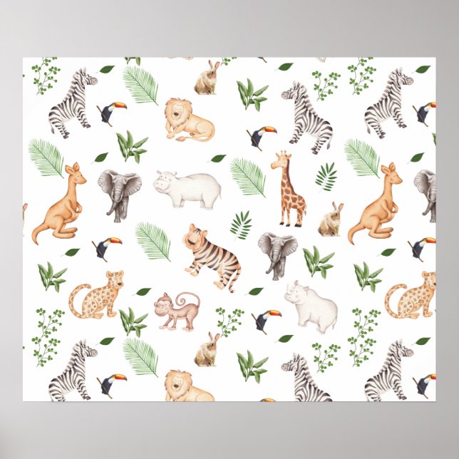 Poster Animais selvagens com padrão de árvore na selva (Frente)