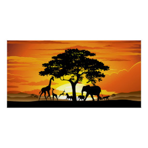 Pôster Animais Selvagens no Pôr do Sol da Savana Africana