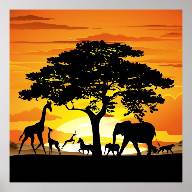 Poster Animais Selvagens no Sunset da savana africana (Frente)