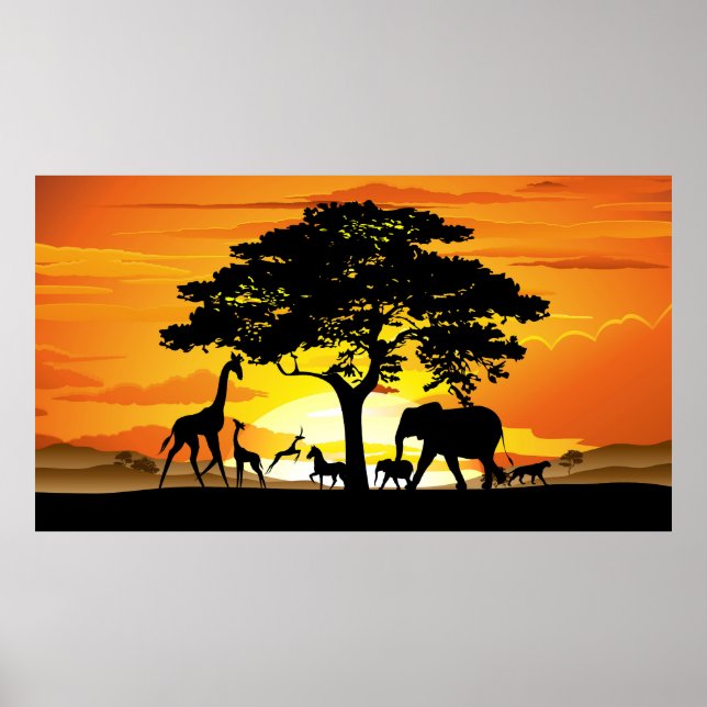 Poster Animais Selvagens no Sunset da savana africana (Frente)
