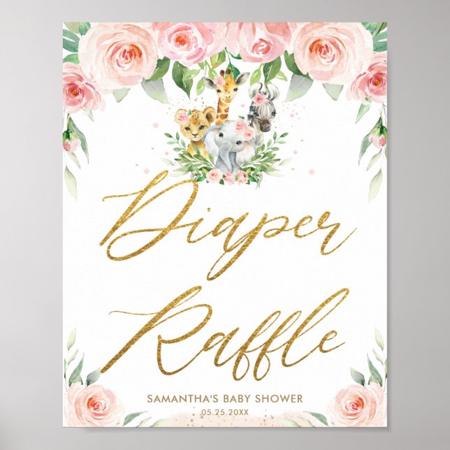 Poster Animais Selvagens Safari Fralda Floral Rosa Raffle (Frente)