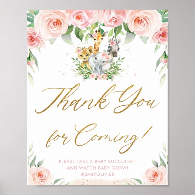 Poster Animais Selvagens Safari Rosa Floral Agradeço (Frente)