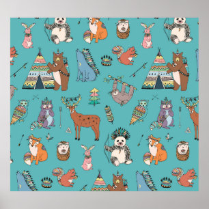 Poster Animais tribais: padrão florestal da floresta.