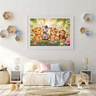Pôster Animais Tropicais Bebês Vibrante Selva