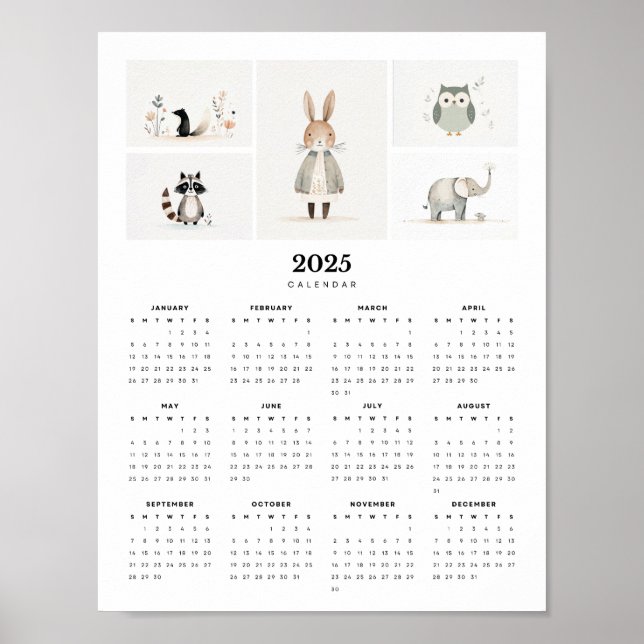 Poster Animais Whimsical Boho Minimal 2025 Wall Calendar (Frente)